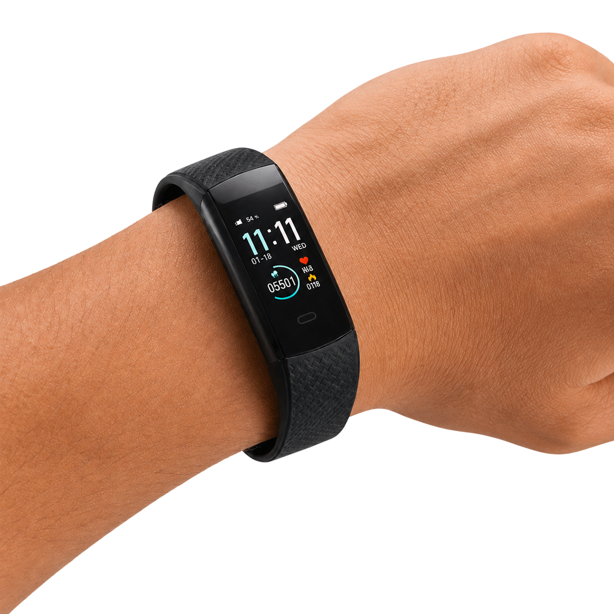 WatchTrack portée au poignet affichant l'heure et la fréquence cardiaque
